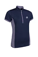 g.THE OPEN MAISIE The Open Printed Panel Zip Performance Golf Shirt - Navy/Raspberry Mosaic
