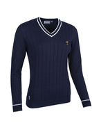 g.RYDER CUP LEA Ryder Cup V Neck Vertical Stitch Cotton Golf Sweater - Navy/White Trophy