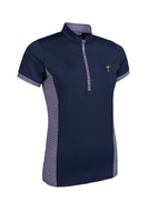 g.RYDER CUP MAISIE Ryder Cup Printed Panel Zip Performance Golf Shirt - Navy/Raspberry Mosaic Trophy