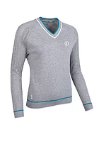 g.THE OPEN WILLOW The Open V Neck Pointelle Raglan Cotton Lightweight Golf Sweater - Light Grey Marl/Lagoon/White