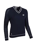 g.THE OPEN WILLOW The Open V Neck Pointelle Raglan Cotton Lightweight Golf Sweater - Navy/Light Grey Marl/White