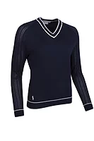 g.WILLOW V Neck Pointelle Raglan Cotton Lightweight Golf Sweater - Navy/Light Grey Marl/White