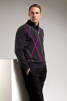 Mens Abstract Diamond Intarsia Detail Zip Neck Golf Sweater