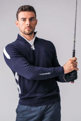 Mens Zip Neck Intarsia Stripe Cotton Golf Sweater