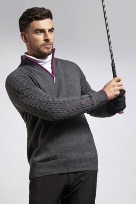 Mens Zip Neck Cable Raglan Sleeve Lambswool Blend Sweater