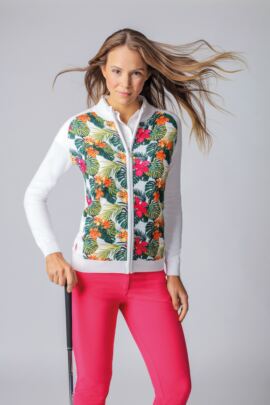 Ladies Zip Through Tropical Floral Printed Cotton Golf Sweater