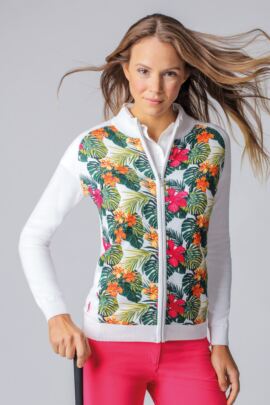 Ladies Zip Front Tropical Floral Printed Cotton Golf Sweater