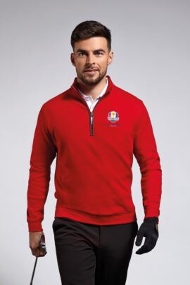 Official Ryder Cup 2018 Mens Cotton Zip Neck Golf Midlayer with Ribbed Side Panels and Contrast Placket