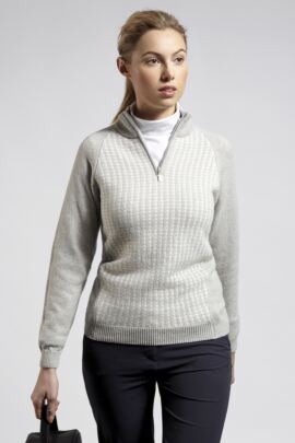 Ladies Zip Neck Dogtooth Lambswool Blend Sweater