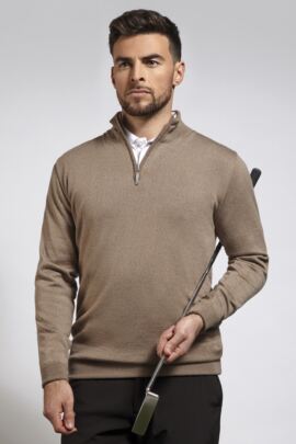 Mens Zip Neck Water Repellent Lined Extra Fine Merino Wool Golf Sweater