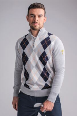 Official Ryder Cup 2018 Mens Cotton Zip Neck Diamond Intarsia Golf Sweater