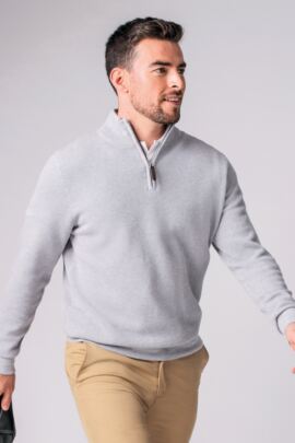 Mens Zip Neck Textured Suede Placket Cotton Golf Sweater