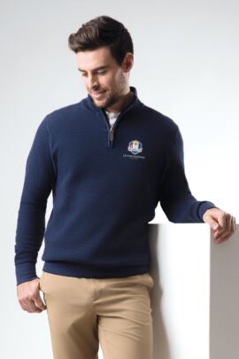 Official Ryder Cup 2018 Mens Zip Neck Textured Suede Placket Cotton Golf Sweater