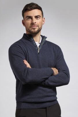 Mens Zip Neck Tartan Placket Touch of Cashmere Golf Sweater