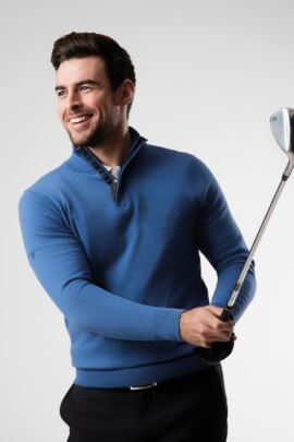 Mens Zip Neck Tartan Placket Touch of Cashmere Golf Sweater