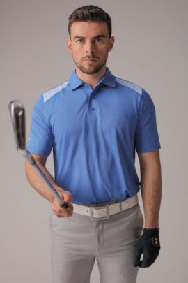 Mens Contrast Shoulder Laser Cut Placket Performance Golf Polo Shirt