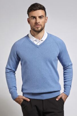 Mens V Neck Raglan Sleeve Lambswool Blend Golf Sweater