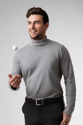Mens Roll Neck Long Sleeve Cotton Golf Shirt
