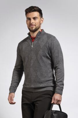 Mens Zip Neck Self Colour Argyle Pattern Water Repellent Lined Merino Blend Golf Sweater
