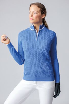 Ladies Zip Neck Micro Cable Cotton Golf Sweater