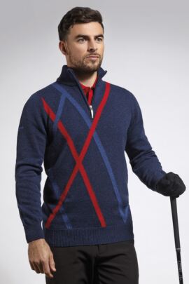 Mens Zip Neck Diamond Intarsia Lambswool Blend Golf Sweater