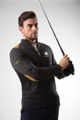 Official Ryder Cup 2018 Mens Zip Neck Birdseye Stripe Touch of Cashmere Golf Sweater