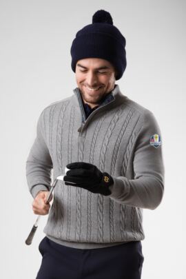 Official Ryder Cup 2018 Mens Zip Neck Cable Tartan Placket Touch of Cashmere Golf Sweater