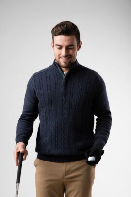 Mens Zip Neck Cable Tartan Placket Touch of Cashmere Golf Sweater