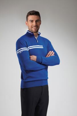 Mens Zip Neck Double Chest Stripe Cotton Golf Sweater