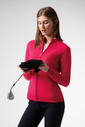 Ladies Zip Front Stripe Collar Lined Cotton Golf Sweater