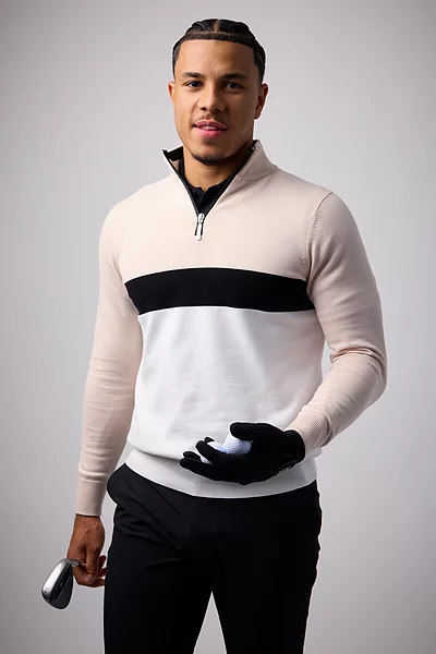 Mens Quarter Zip Colour Block Cotton Lightweight Golf Sweater