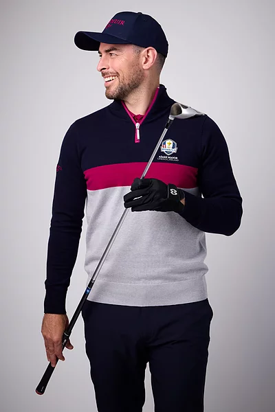 Official Ryder Cup 2027 Mens Quarter Zip Colour Block Cotton Lightweight Golf Sweater