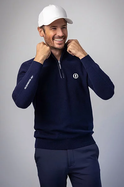 THE OPEN Mens Quarter Zip Textured Raglan Sleeve Touch of Cashmere Golf Sweater