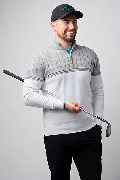 Mens Quarter Zip Colour Block Cable Chest Cotton Lightweight Golf Pullover