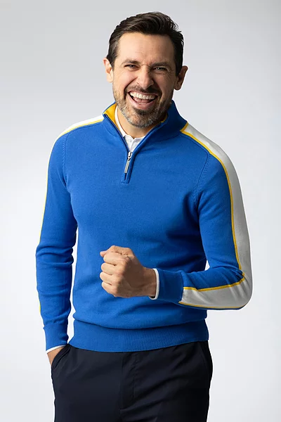 Mens Quarter Zip Colour Block Sleeve Stripe Cotton Lightweight Golf Sweater