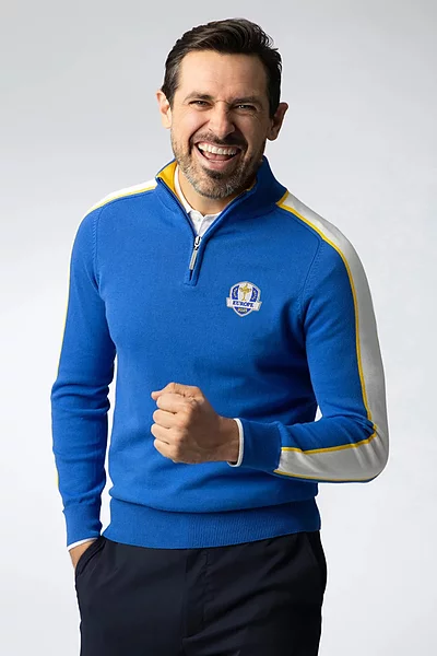 Official Ryder Cup 2025 Winners Mens Quarter Zip Colour Block Sleeve Stripe Cotton Lightweight Golf Sweater