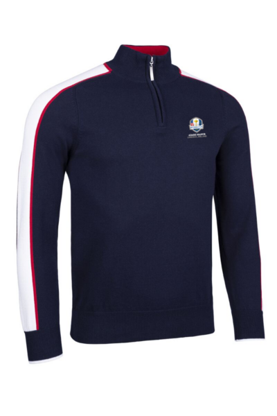 Official Ryder Cup 2027 Mens Quarter Zip Colour Block Sleeve Stripe Cotton Lightweight Golf Sweater