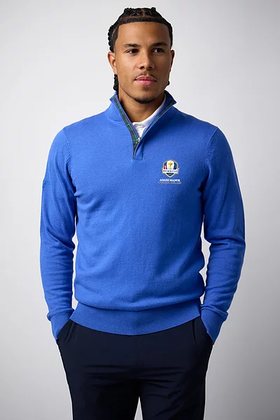 Official Ryder Cup 2027 Mens Quarter Zip Tartan Placket Touch of Cashmere Lightweight Golf Sweater