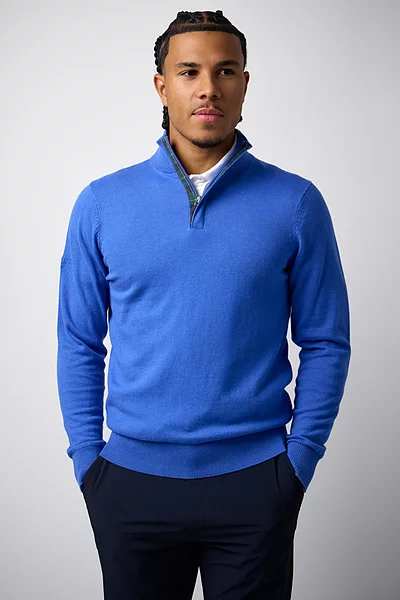 Mens Quarter Zip Tartan Placket Touch of Cashmere Lightweight Golf Sweater