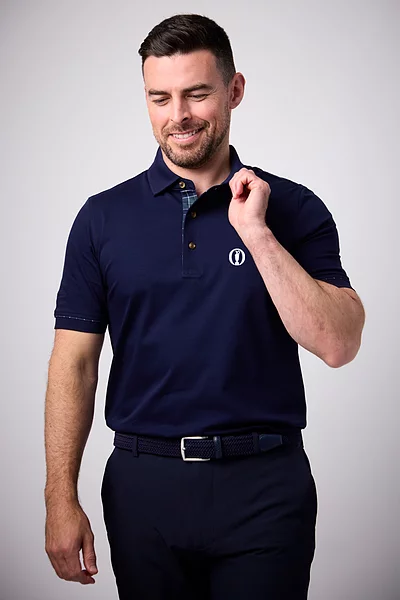 The Open Mens Tailored Collar Tartan Detail Mercerised Cotton Golf Shirt