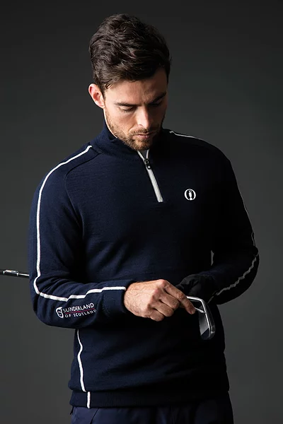 Official The Open Mens Quarter Zip Raglan Sleeve Water Repellent Lined Merino Heavyweight Golf Sweater