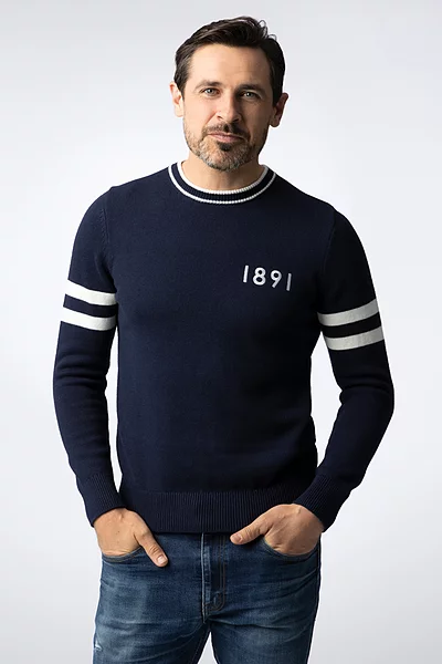 Mens and Ladies Crew Neck Sleeve Stripe Touch of Cashmere 1891 Heritage Sweater