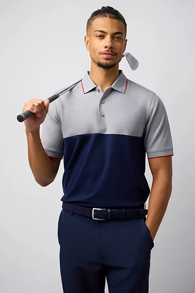 Mens Colour Block Performance Pique Golf Shirt