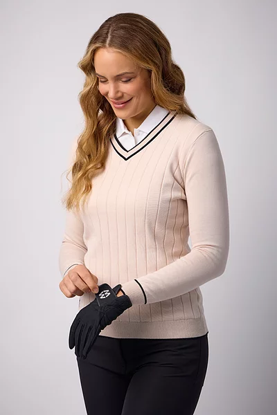 Ladies V Neck Vertical Stitch Contrast Tipping Cotton Lightweight Golf Sweater