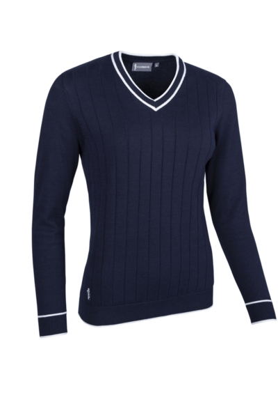 Ladies V Neck Vertical Stitch Contrast Tipping Cotton Lightweight Golf Sweater