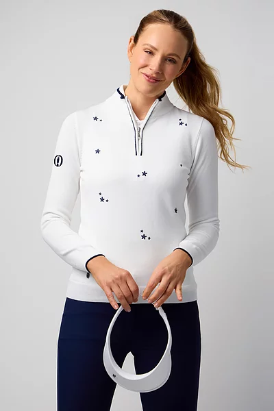 The Open Ladies Quarter Zip Floral Embroidery Cotton Lightweight Golf Sweater