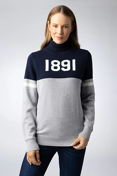 Mens and Ladies Roll Neck Contrast Chest and Sleeve Touch of Cashmere 1891 Heritage Sweater