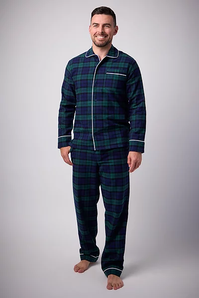 Mens Cotton Flannel Tartan Piped Pyjama Set