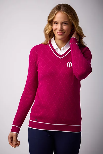 The Open Ladies V Neck Diamond Intarsia Cotton Lightweight Golf Sweater