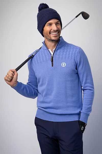 The Open 2025 Mens Quarter Zip Cable Shoulder Touch of Cashmere Golf Sweater